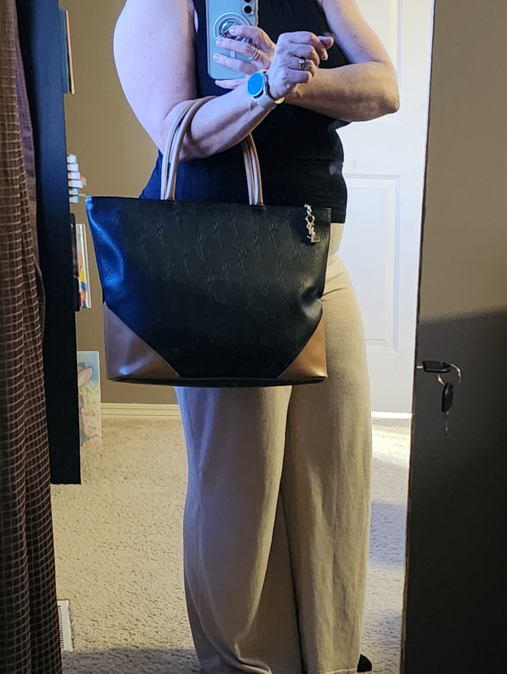 Yves Saint Laurent Cassandra YSL Monogram Tote Bag In Black and Tan - Picture 16 of 16